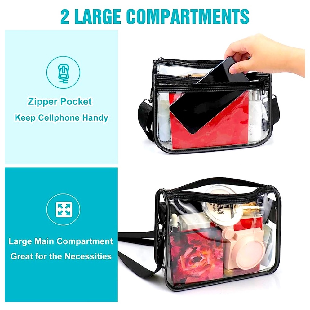 1 bag Cross body clear bag with 2 zippered compartments